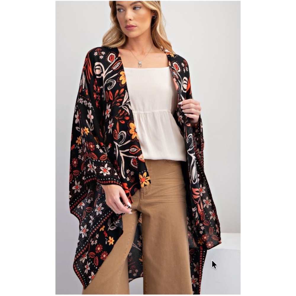 Easel Floral Print Open Front Flowy Kimono Cover Up Duster